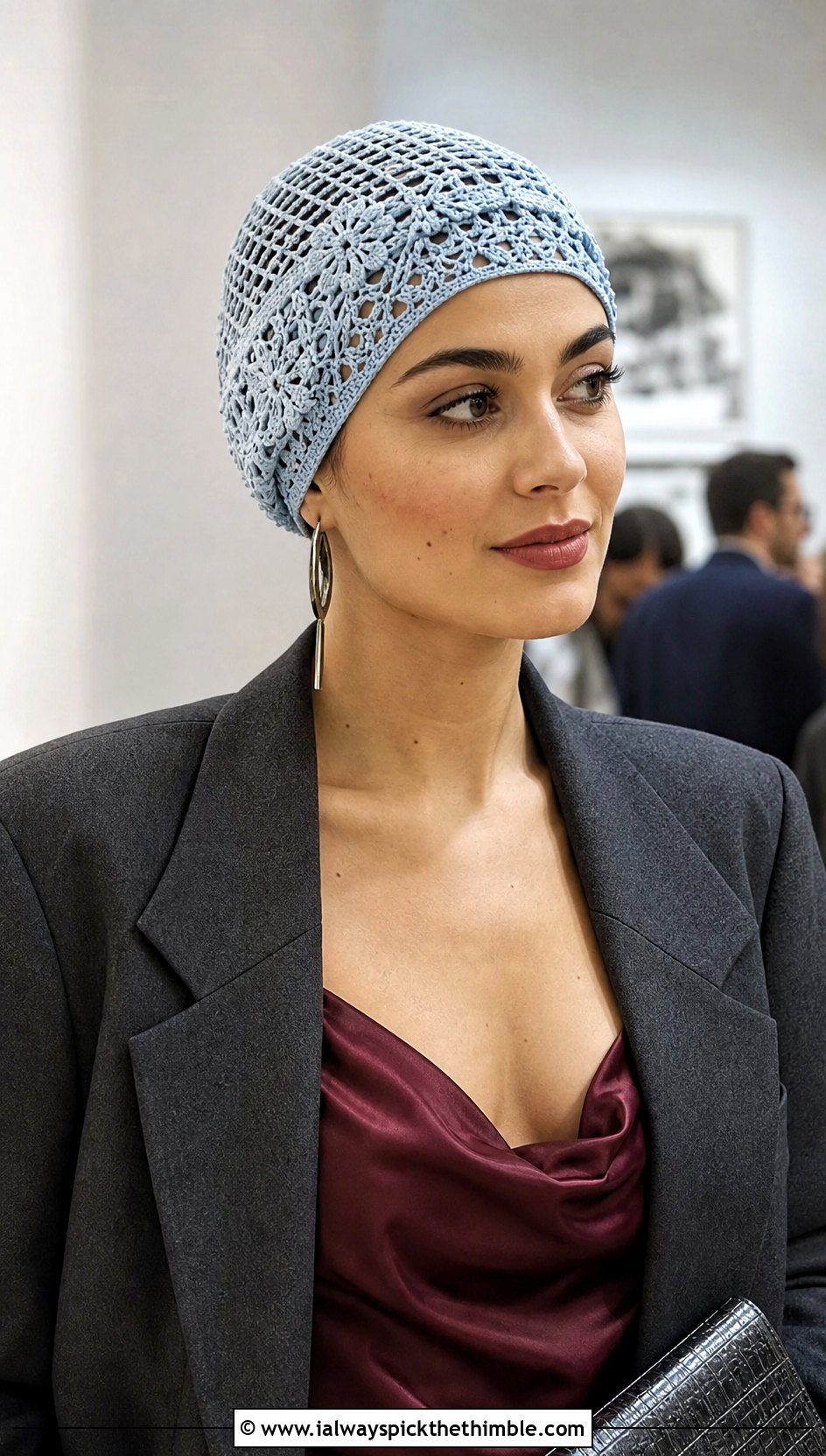 Lace Mesh Crochet Turban Hat With Slip Dress And Blazer - 25 crochet turban hat outfit ideas