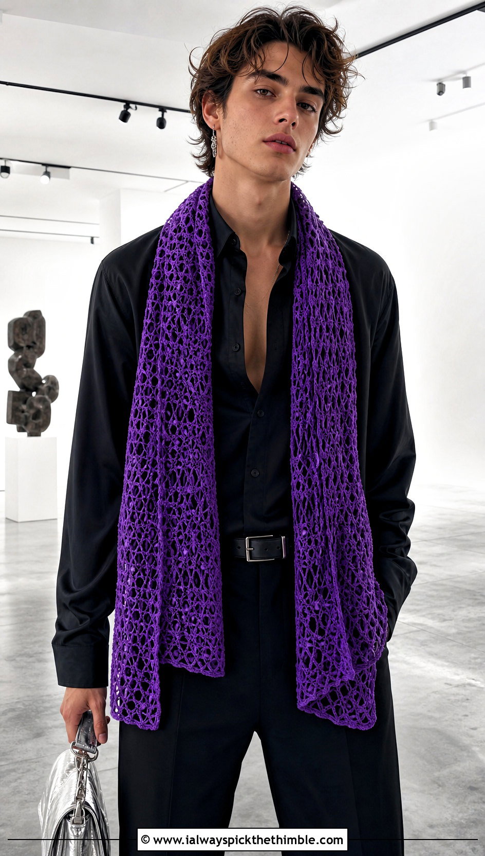 Lace Mesh Crochet Unisex Scarf With Satin Shirt - 15 Crochet Unisex Scarf outfit ideas