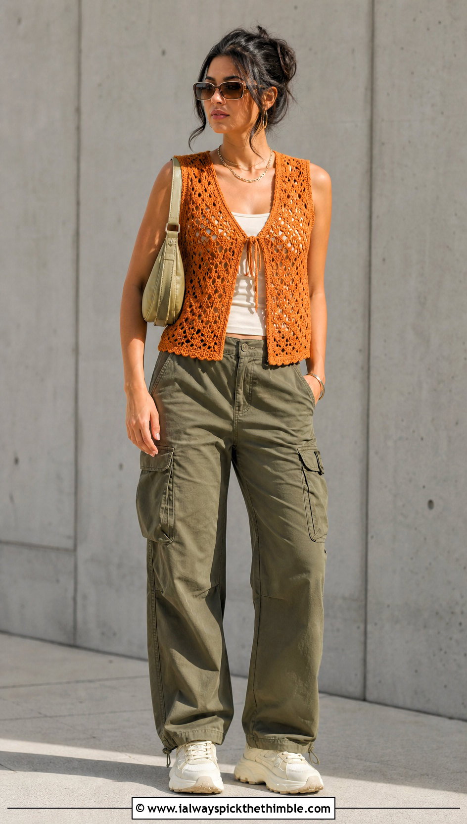 Lace Mesh Crochet Vest With Cargo Pants - 25 crochet vest woman outfit ideas