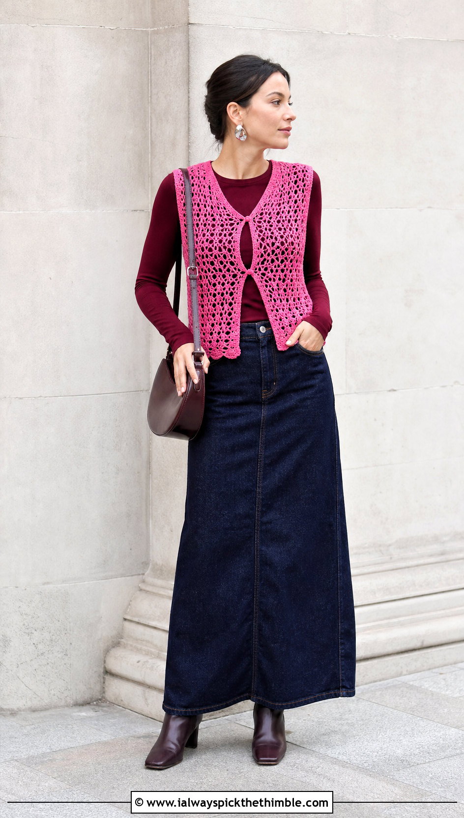 Lace Mesh Crochet Vest With Maxi Skirt - 15 Crochet Fall Vest outfit ideas