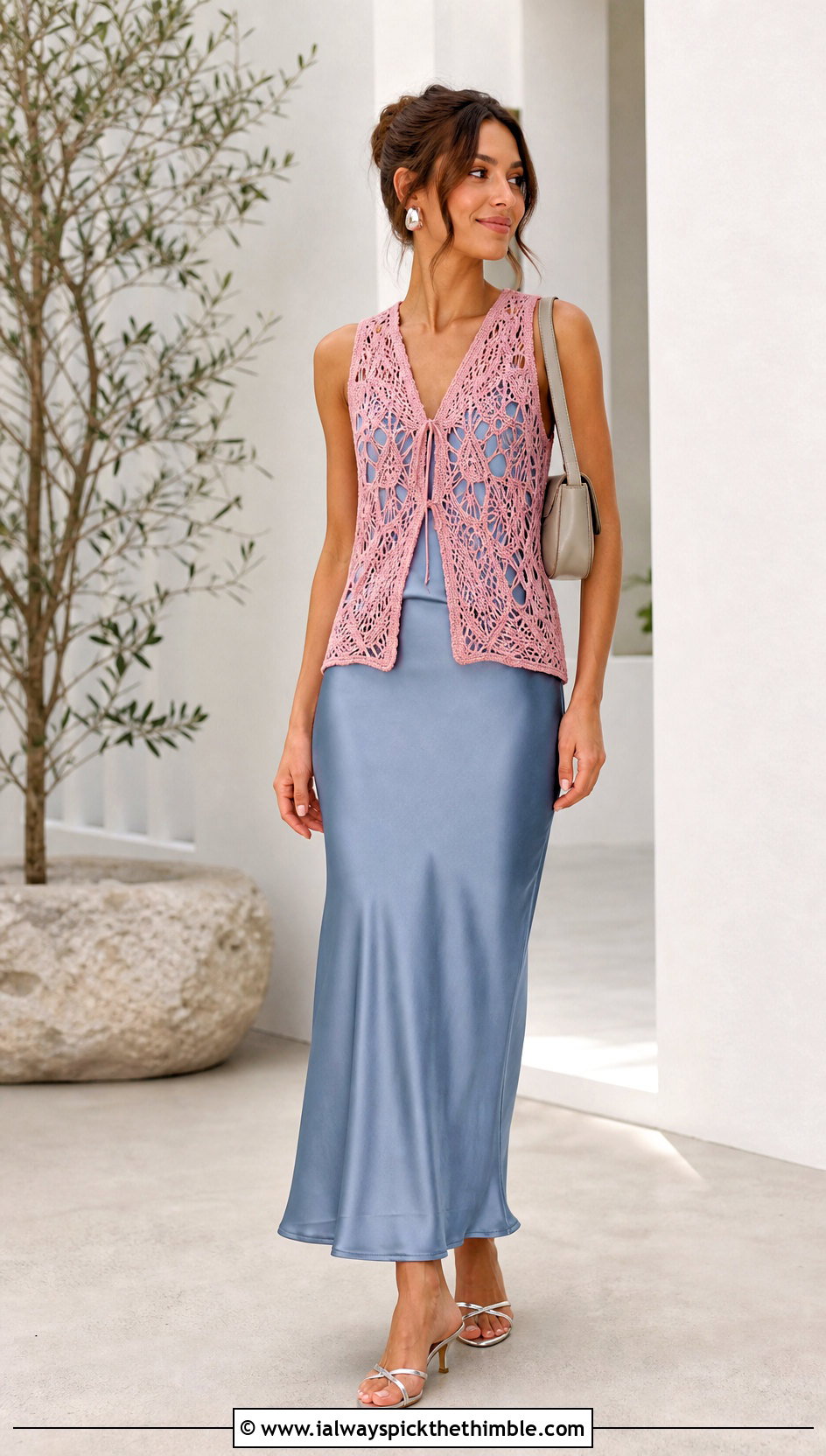 Lace Mesh Crochet Vest With Slip Dress - 20 Crocheted Vests For Women outfit ideas
