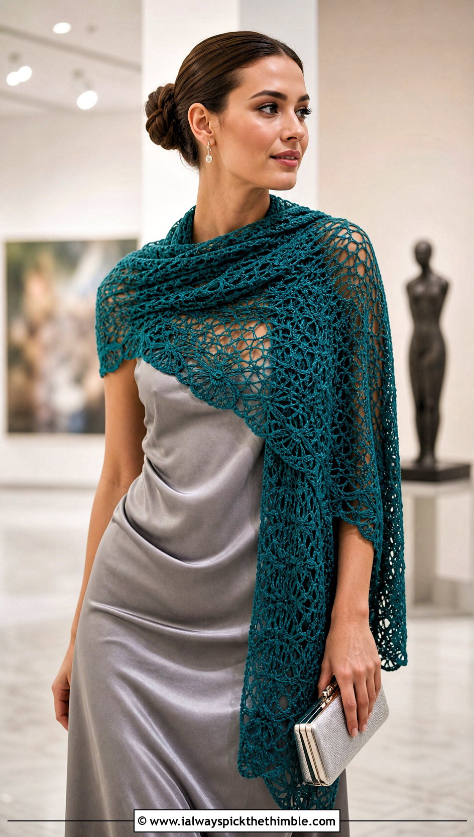 Lace Mesh Crochet Wide Scarf With Satin Slip Dress - 20 Crochet Wide Scarf outfit ideas