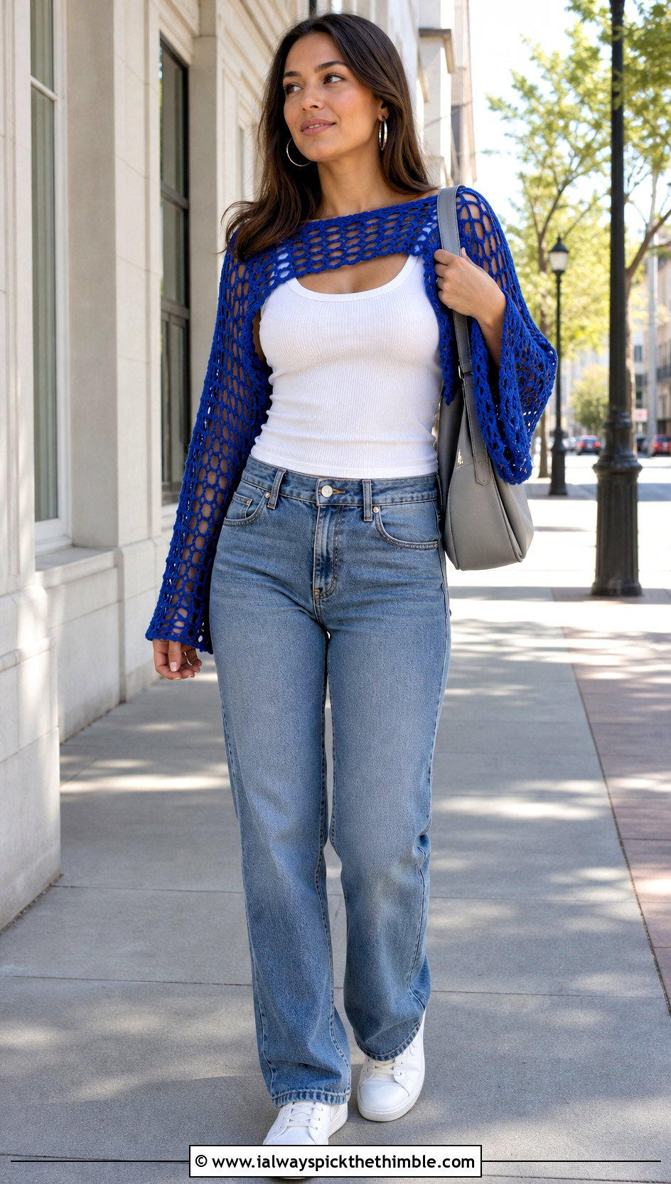 Lace Mesh Crochet Wrap Around Shrug With Straight Leg Jeans - 20 Crochet Wrap Around Shrug outfit ideas