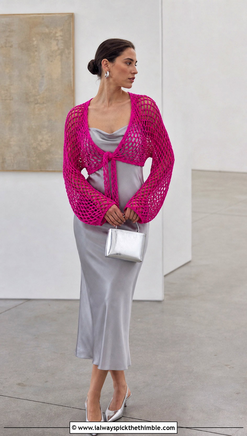 Lace Mesh Crochet Wrap Shrug With Satin Slip Dress - 20 crochet wrap around shrug with sleeves outfit ideas
