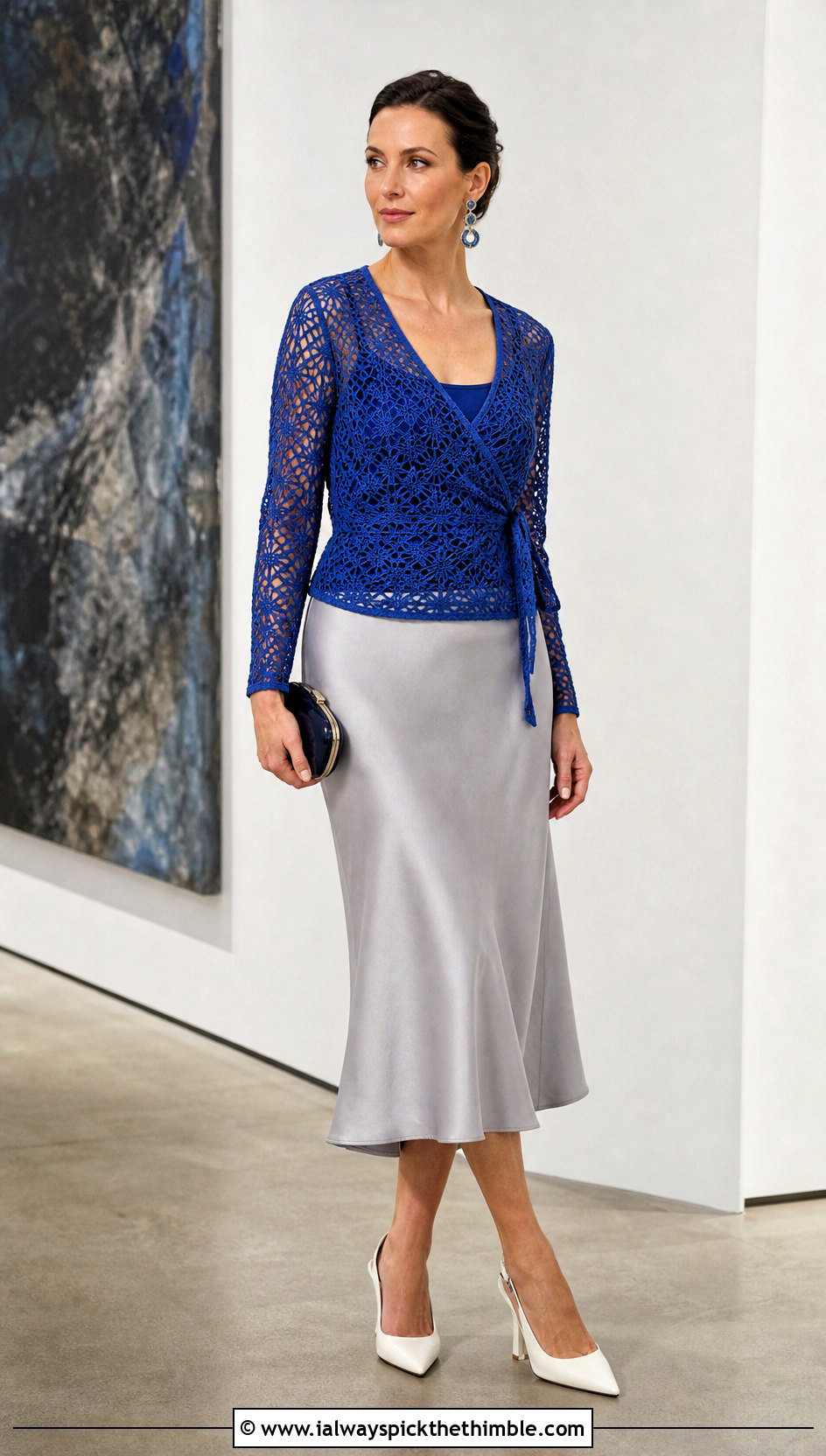 Lace Mesh Crochet Wrap Top With Satin Midi Skirt - 20 wrap around crochet top outfit ideas