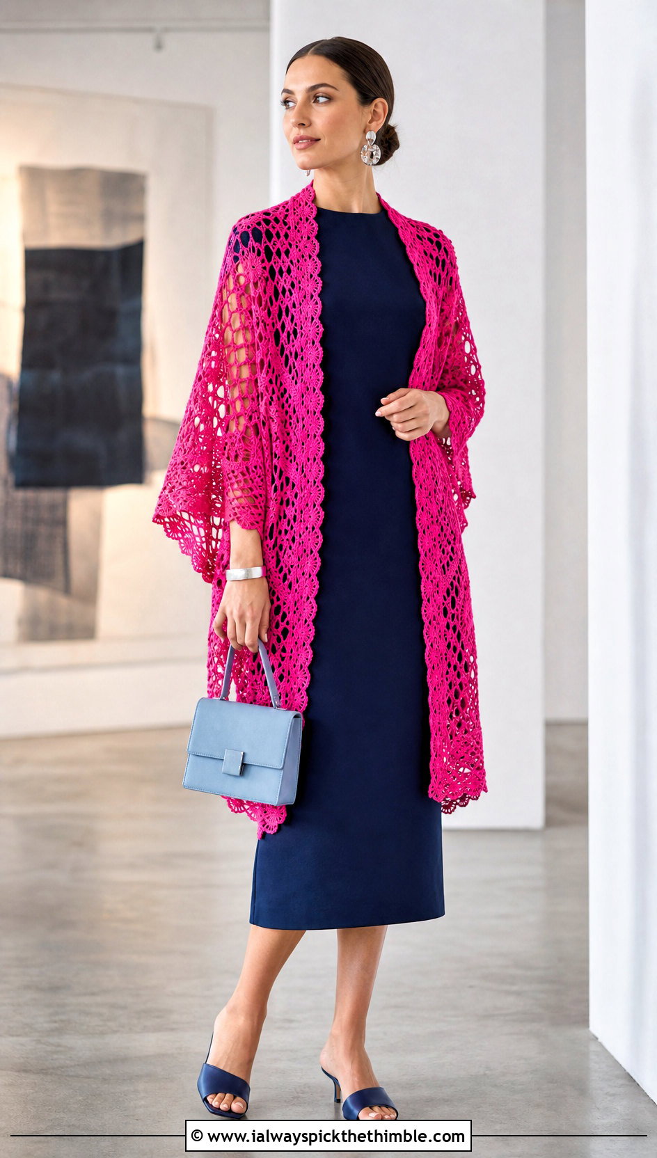 Lace Mesh Crochet Wrap With A Column Dress - 25 crochet wrap outfit ideas
