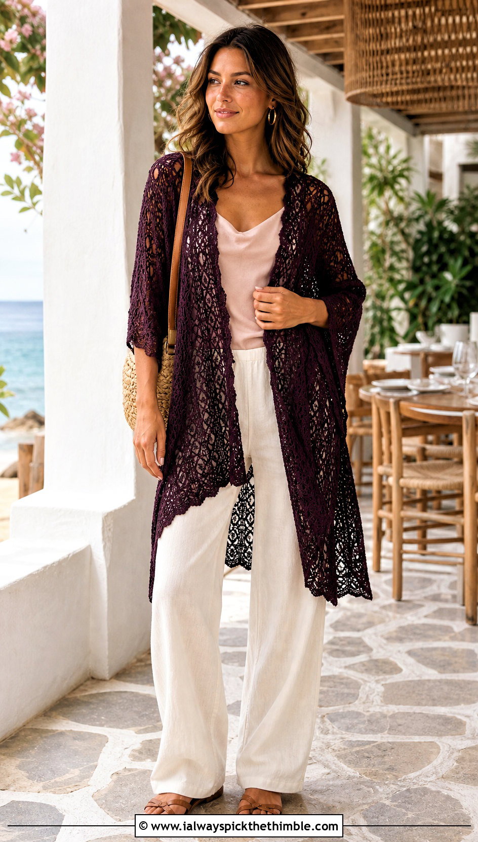 Lace Mesh Crochet Wrap With Wide Leg Pants - 15 Beginner Crochet Wrap outfit ideas