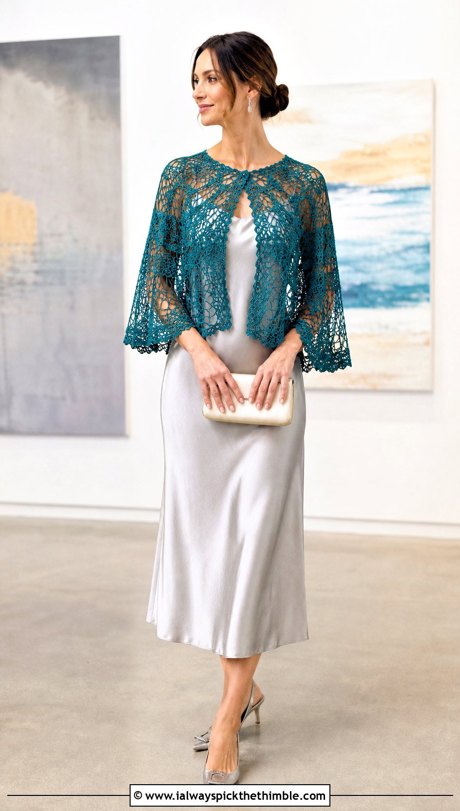 Lace Mesh Crocheted Capelet With Satin Slip Dress - 20 Crocheted Capelet outfit ideas