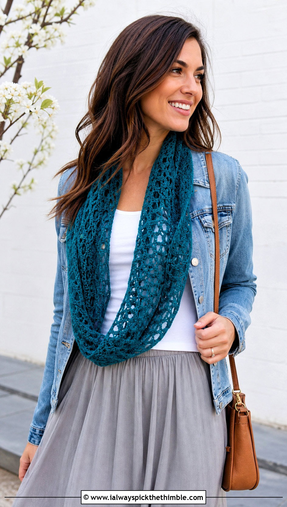 Lace Mesh Crocheted Infinity Scarf With Denim Jacket - 15 Easy Crocheted Infinity Scarf outfit ideas