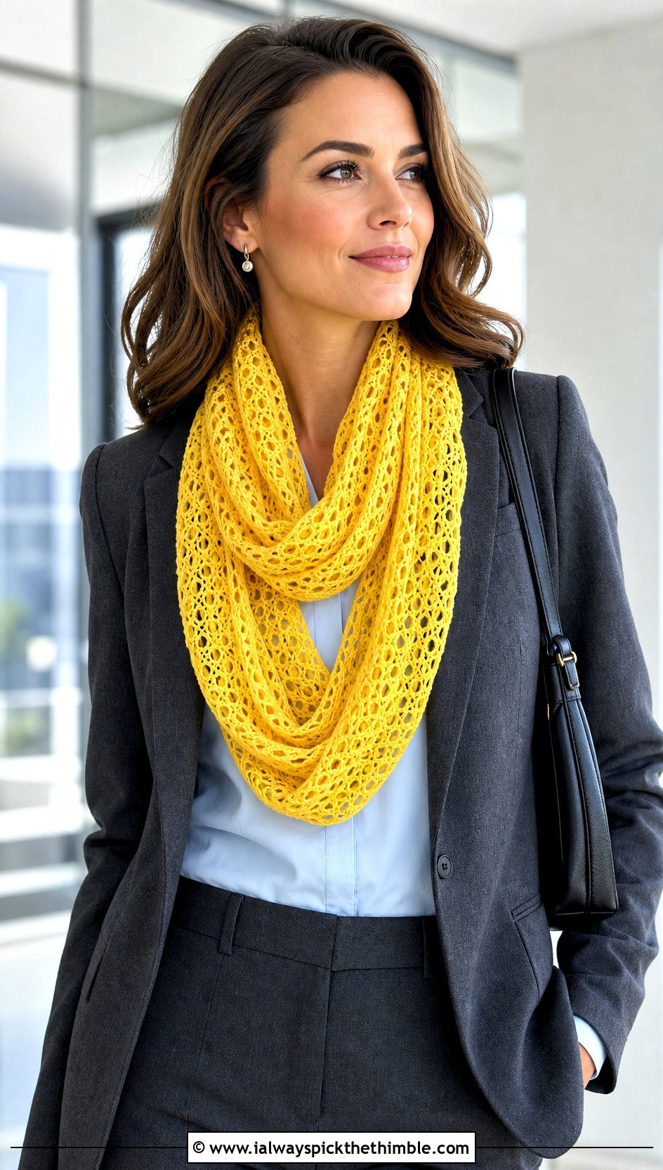 Lace Mesh Crocheted Infinity Scarf With Office Blazer - 20 Crocheted Infinity Scarf outfit ideas
