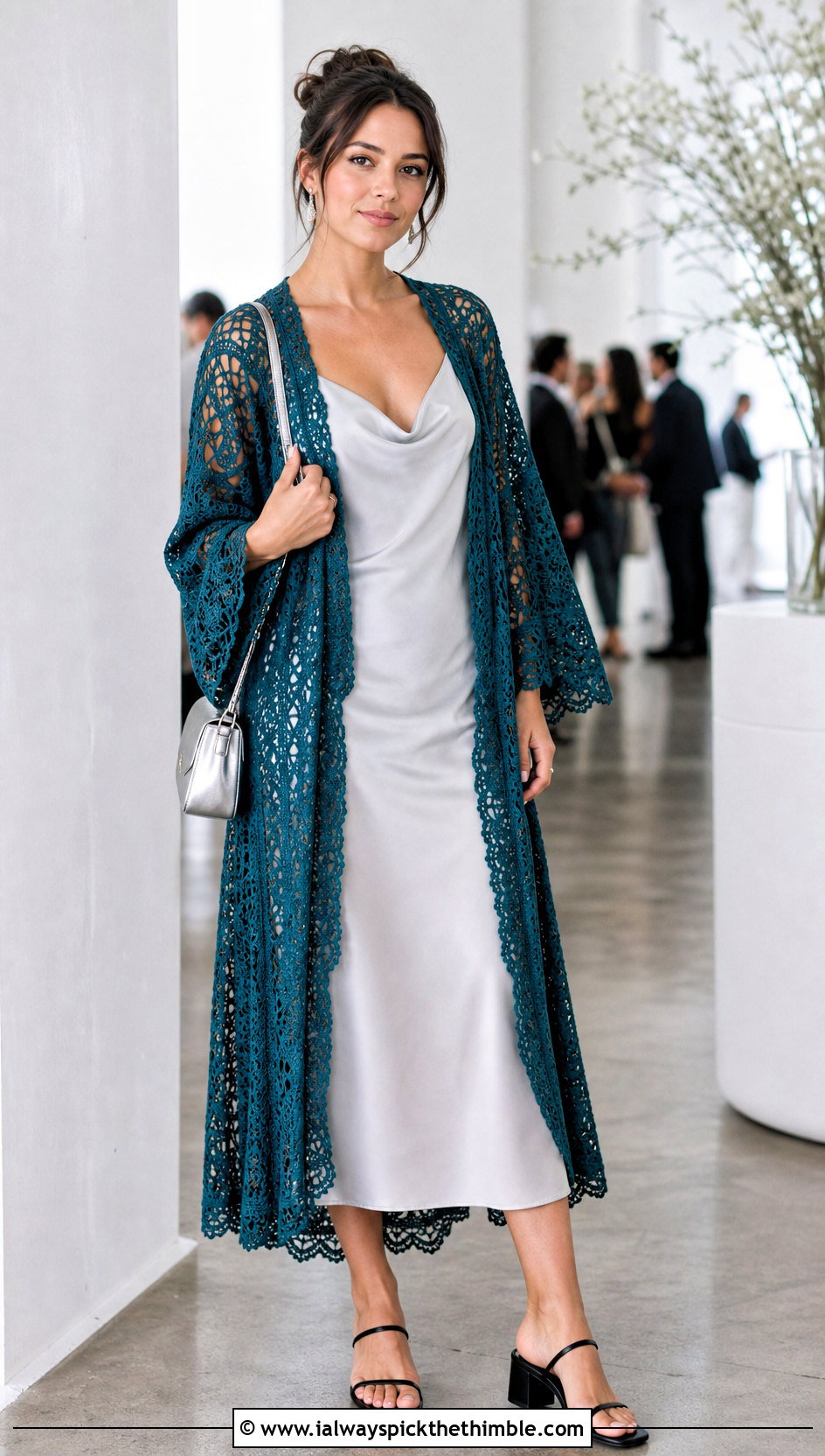 Lace Mesh Crocheted Kimono With Satin Slip Dress - 20 Crocheted Kimono outfit ideas