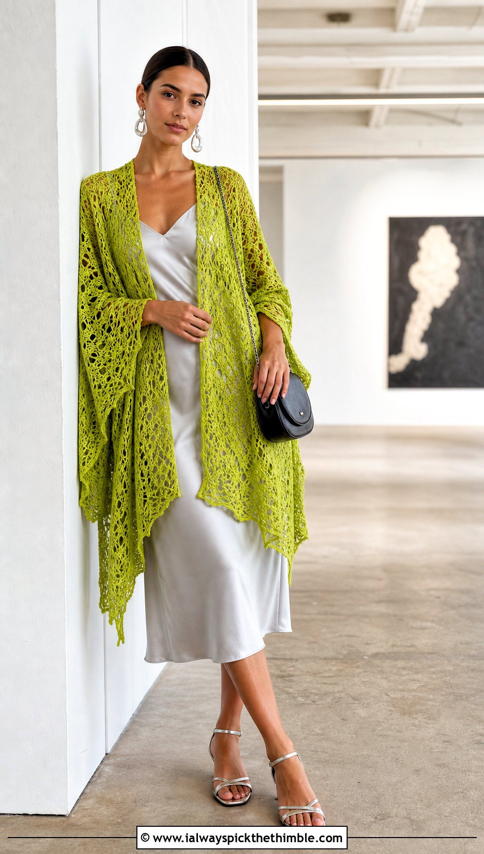 Lace Mesh Crocheted Ruana With Satin Slip Dress - 20 Crocheted Ruana outfit ideas