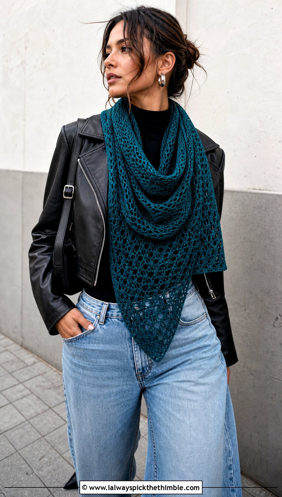 Lace Mesh Double Length Crochet Cowl With Leather Jacket - 15 Double Length Crochet Cowl outfit ideas