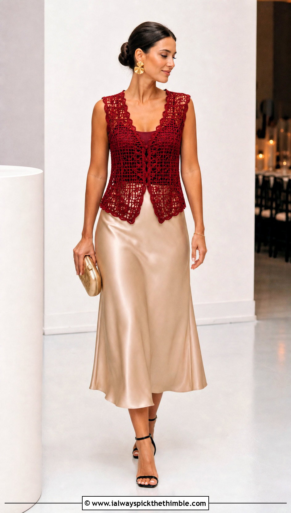 Lace Mesh Filet Crochet Vest With Satin Midi Skirt - 25 filet crochet vest outfit ideas