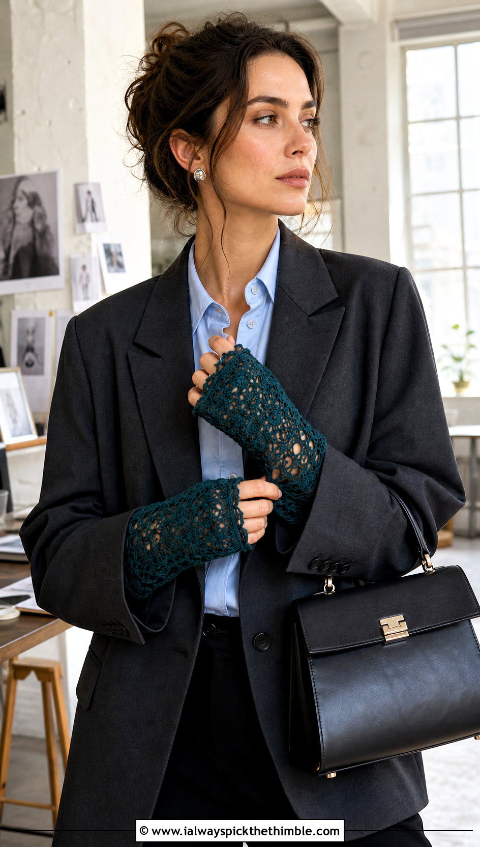 Lace Mesh Fingerless Crochet Mittens With Blazer - 20 women crochet mittens outfit ideas