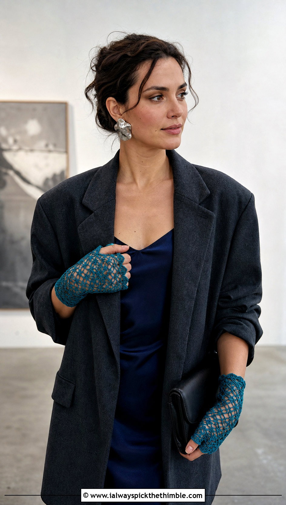 Lace Mesh Fingerless Gloves With Slip Dress And Blazer - 15 Crochet Tipless Gloves outfit ideas