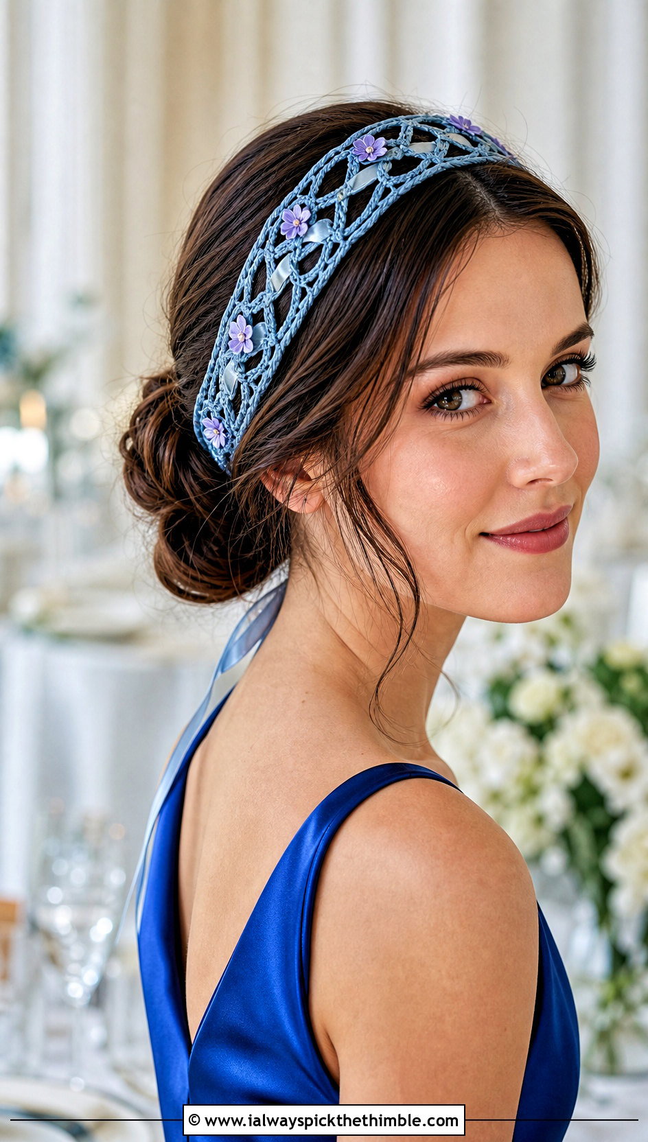 Lace Mesh Flower Ribbon Crochet Headband With Satin Dress - 15 crochet headband with flower and ribbon outfit ideas