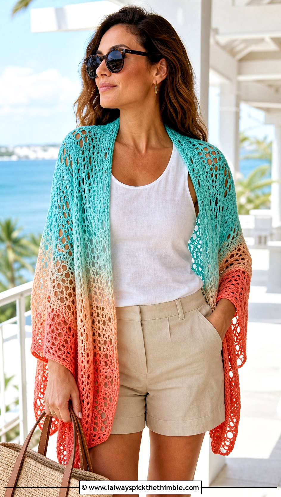 Lace Mesh Gradient Shawl With Linen Shorts - 15 Crochet Gradient Shawl outfit ideas