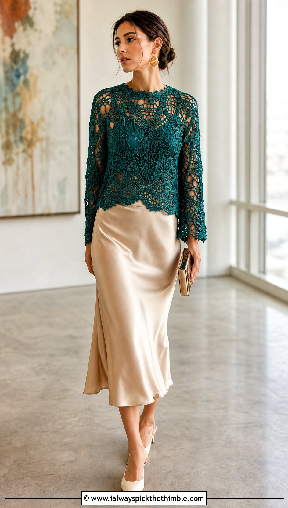 Lace Mesh Green Crochet Blouse With Satin Midi Skirt - 15 green crochet blouse design outfit ideas