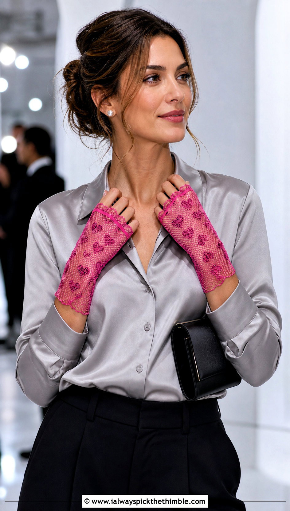 Lace Mesh Heart Fingerless Gloves With Satin Blouse - 15 Heart Crochet Gloves outfit ideas