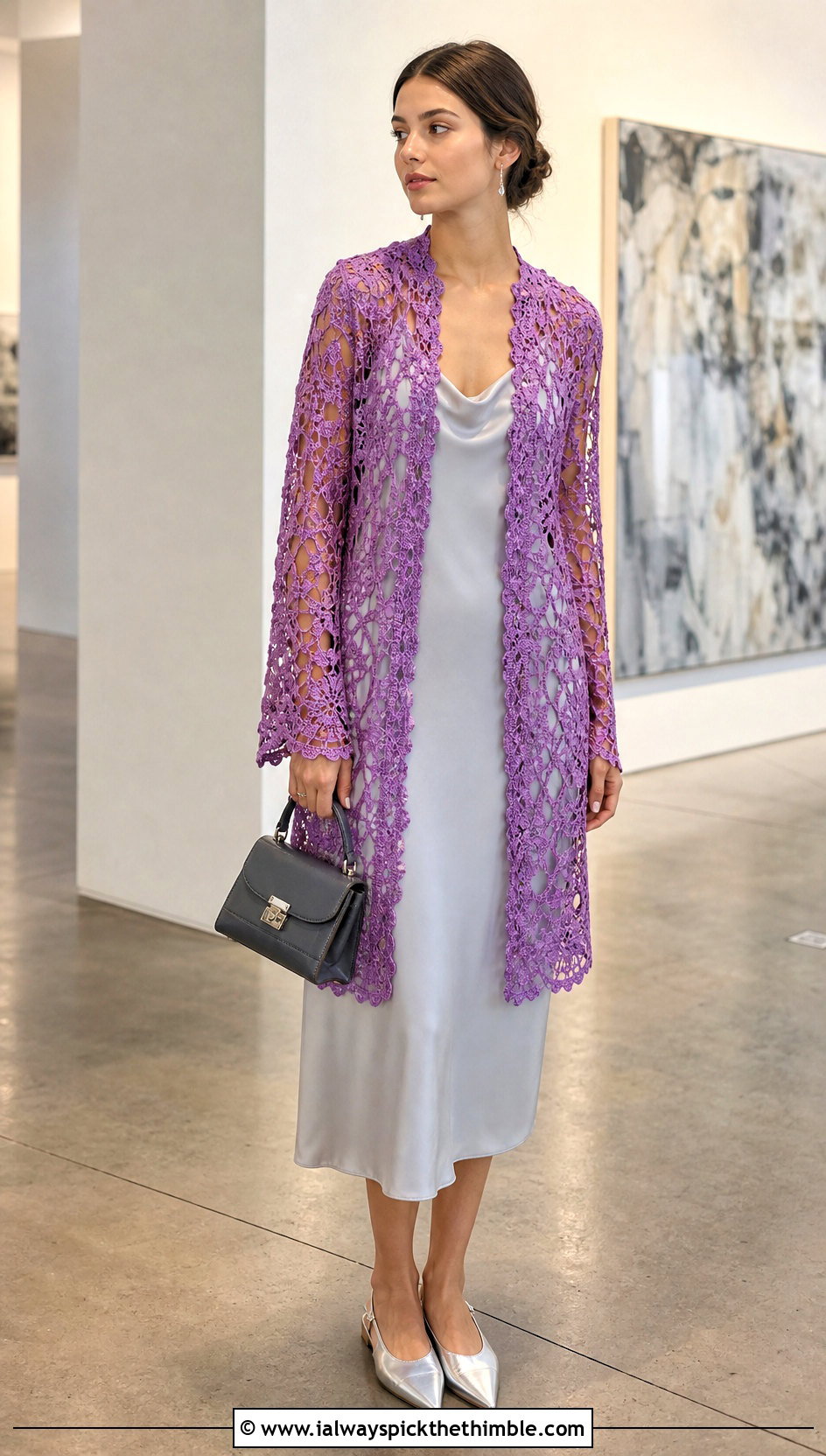 Lace Mesh Hexi Cardigan With Satin Midi Dress - 25 crochet hexi cardigan outfit ideas