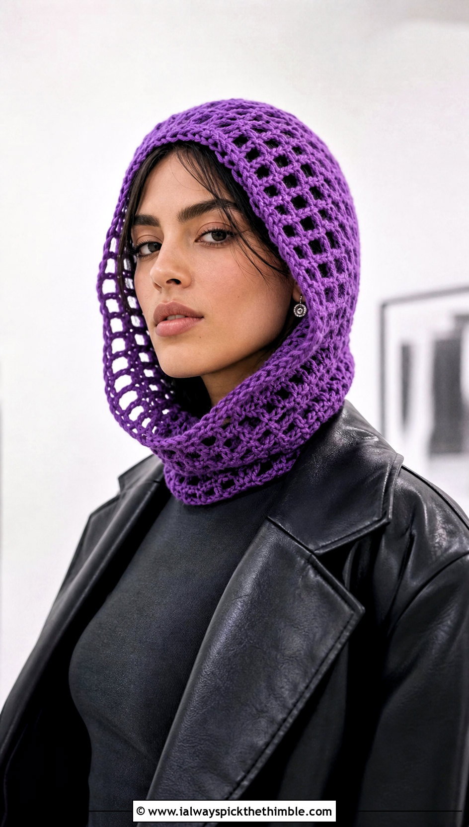 Lace Mesh Hooded Crochet Balaclava With Leather Blazer - 20 hooded crochet balaclava outfit ideas