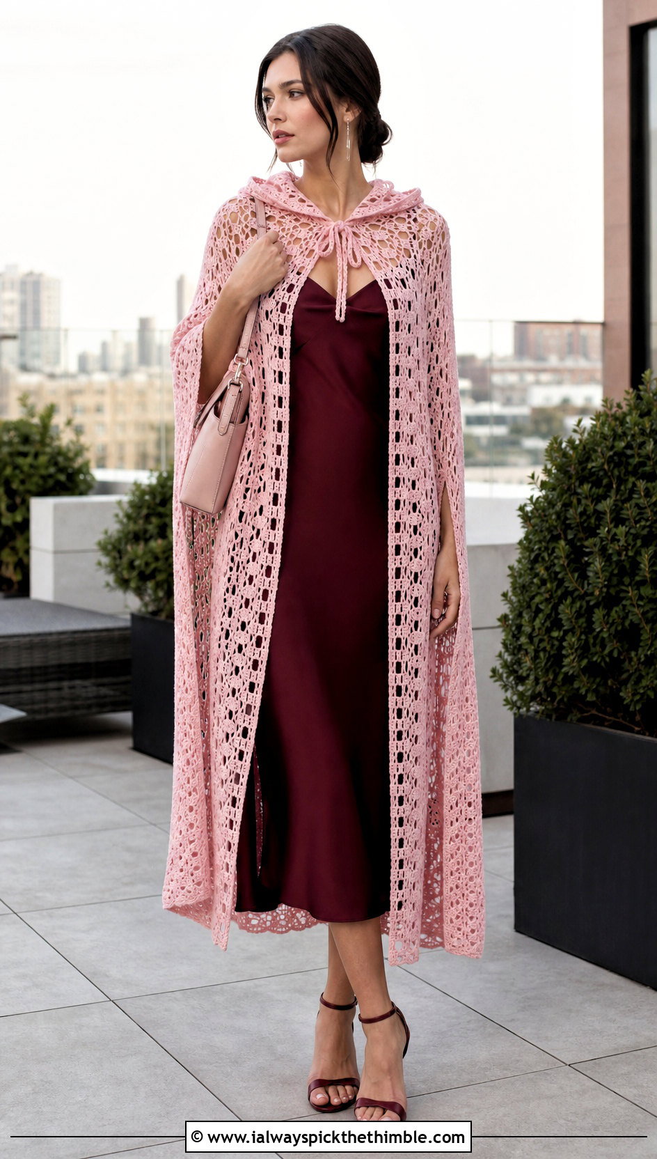 Lace Mesh Hooded Crochet Cape With Slip Dress - 20 Hooded Crochet Cape outfit ideas