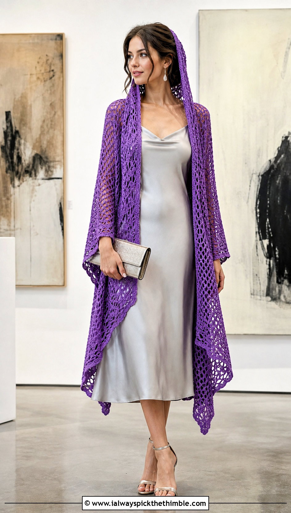 Lace Mesh Hooded Crochet Ruana With Satin Slip Dress - 20 Hooded Crochet Ruana outfit ideas