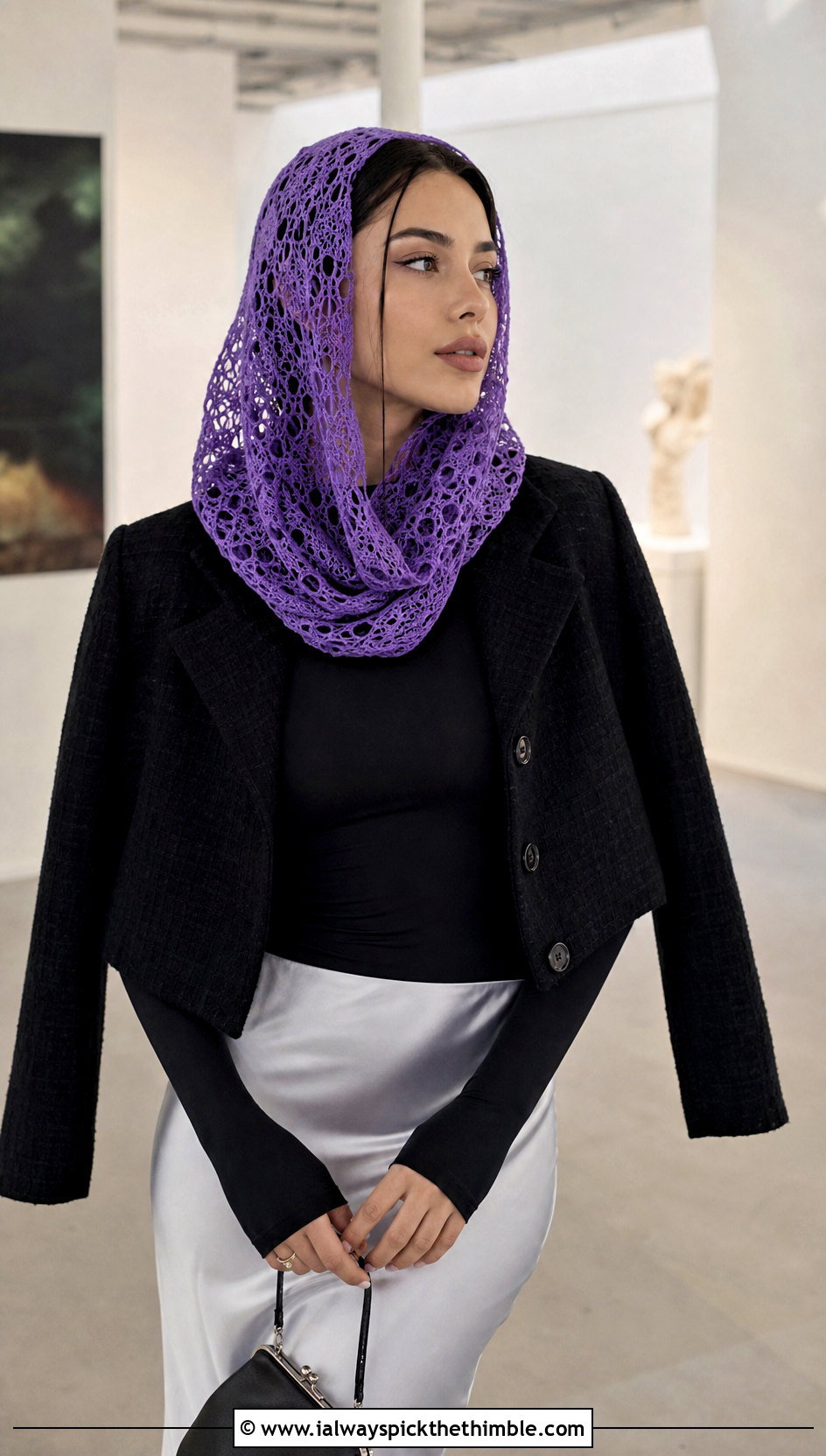 Lace Mesh Hooded Scarf With Satin Midi Skirt - 20 Crochet Hoodie Scarf outfit ideas