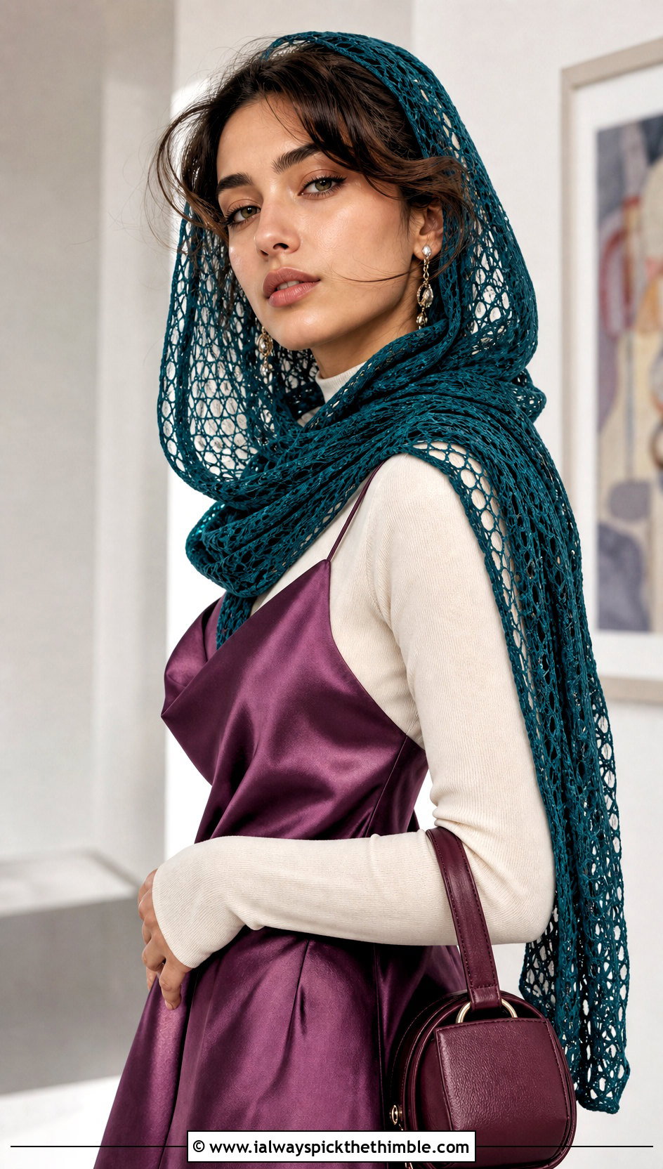 Lace Mesh Hooded Scarf With Satin Slip Dress - 20 crochet scarf hood outfit ideas