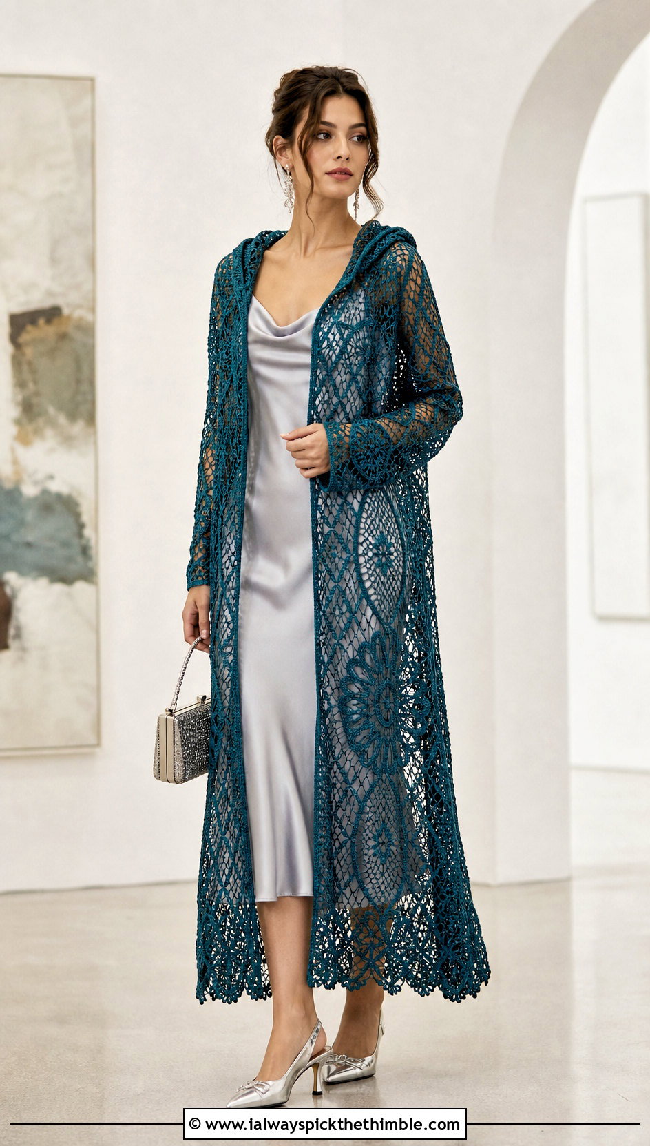 Lace Mesh Long Hooded Crochet Cape With Satin Slip Dress - 20 Long Hooded Crochet Cape outfit ideas