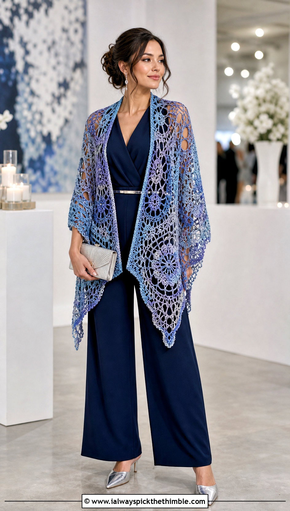 Lace Mesh Mandala Yarn Crochet Shawl With A Jumpsuit - 15 Crochet Shawl Mandala Yarn outfit ideas