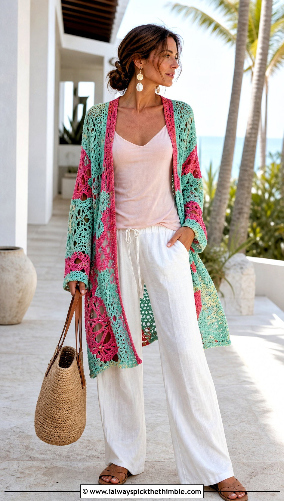 Lace Mesh Patchwork Cardigan With Linen Pants - 20 crochet patch work cardigan outfit ideas