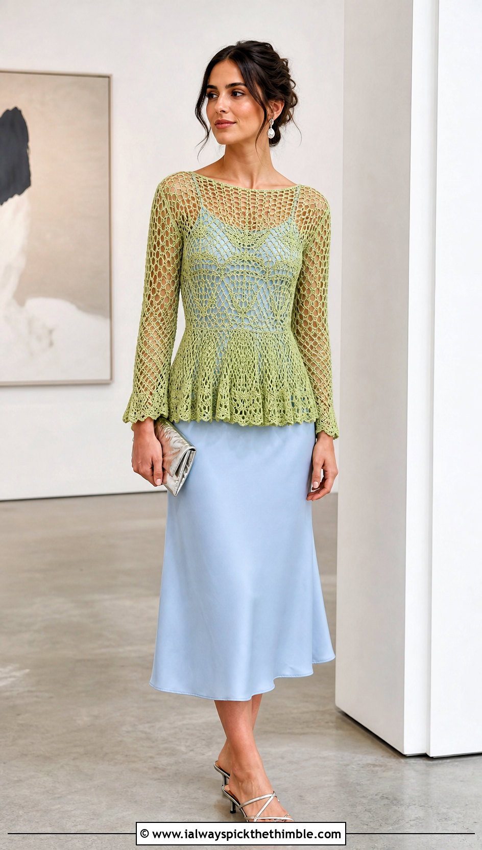 Lace Mesh Peplum Crochet Top With Slip Dress - 25 peplum crochet top outfit ideas