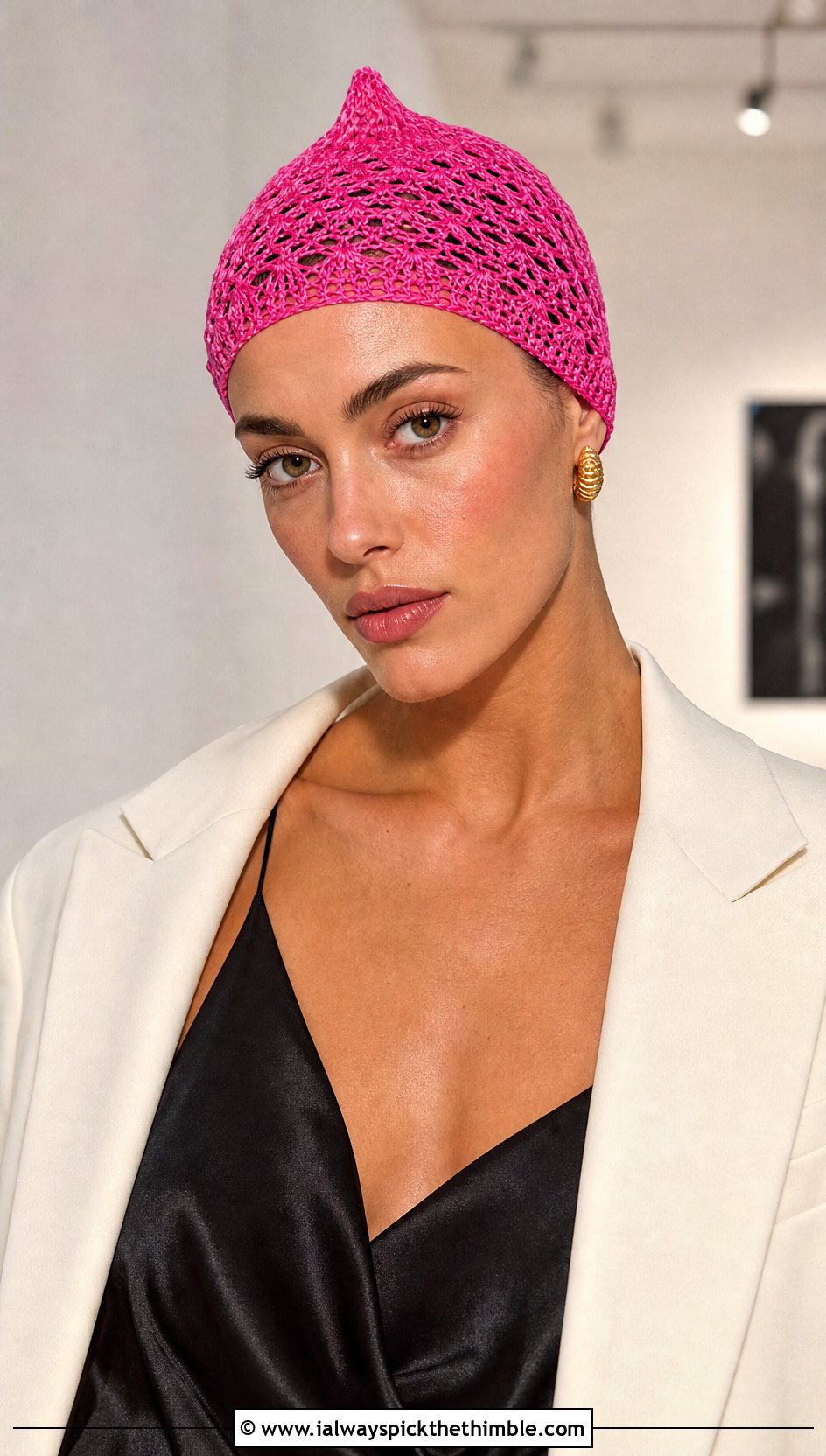 Lace Mesh Pixie Cap With Slip Dress And Blazer - 20 crochet pixie hat outfit ideas