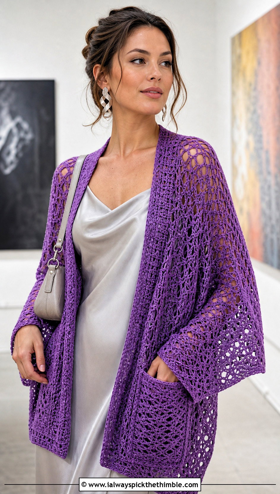 Lace Mesh Pocket Shawl With Satin Slip Dress - 20 Crochet Pocket Scarf Shawl outfit ideas