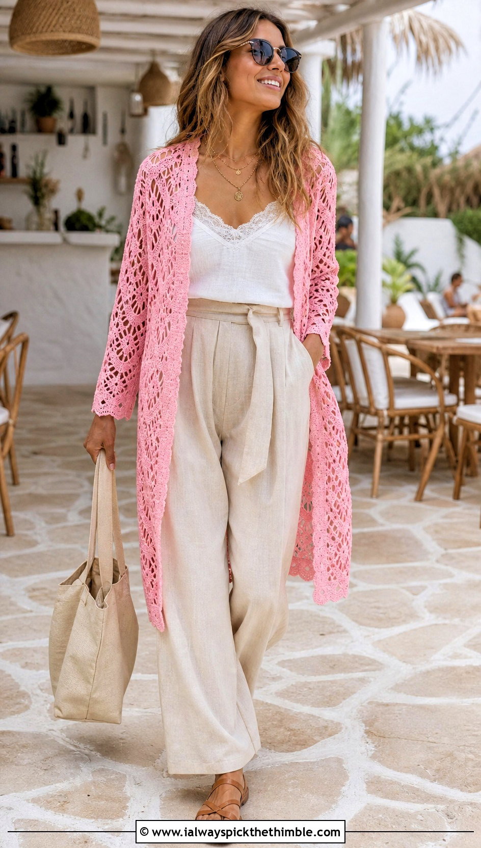 Lace Mesh Rectangle Crochet Cardigan With Linen Pants - 20 Crochet Cardigan From Rectangle outfit ideas