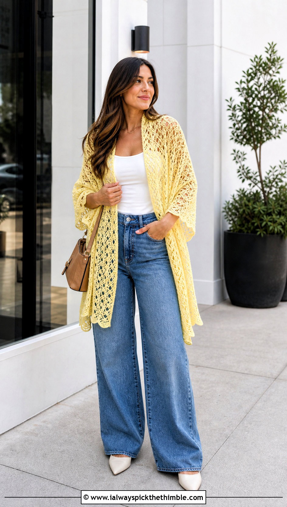 Lace Mesh Rectangle Crochet Shawl With Wide Leg Jeans - 20 Rectangle Crochet Shawl outfit ideas