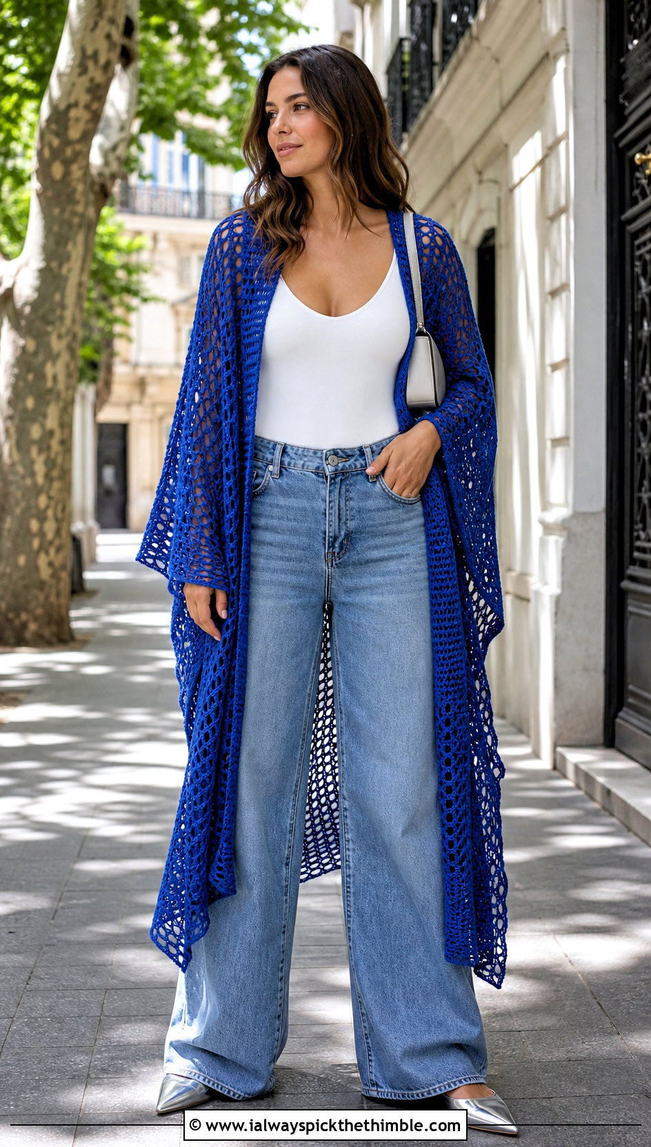 Lace Mesh Rectangle Crochet Shawl With Wide Leg Jeans - 25 Crochet Rectangle Shawl outfit ideas