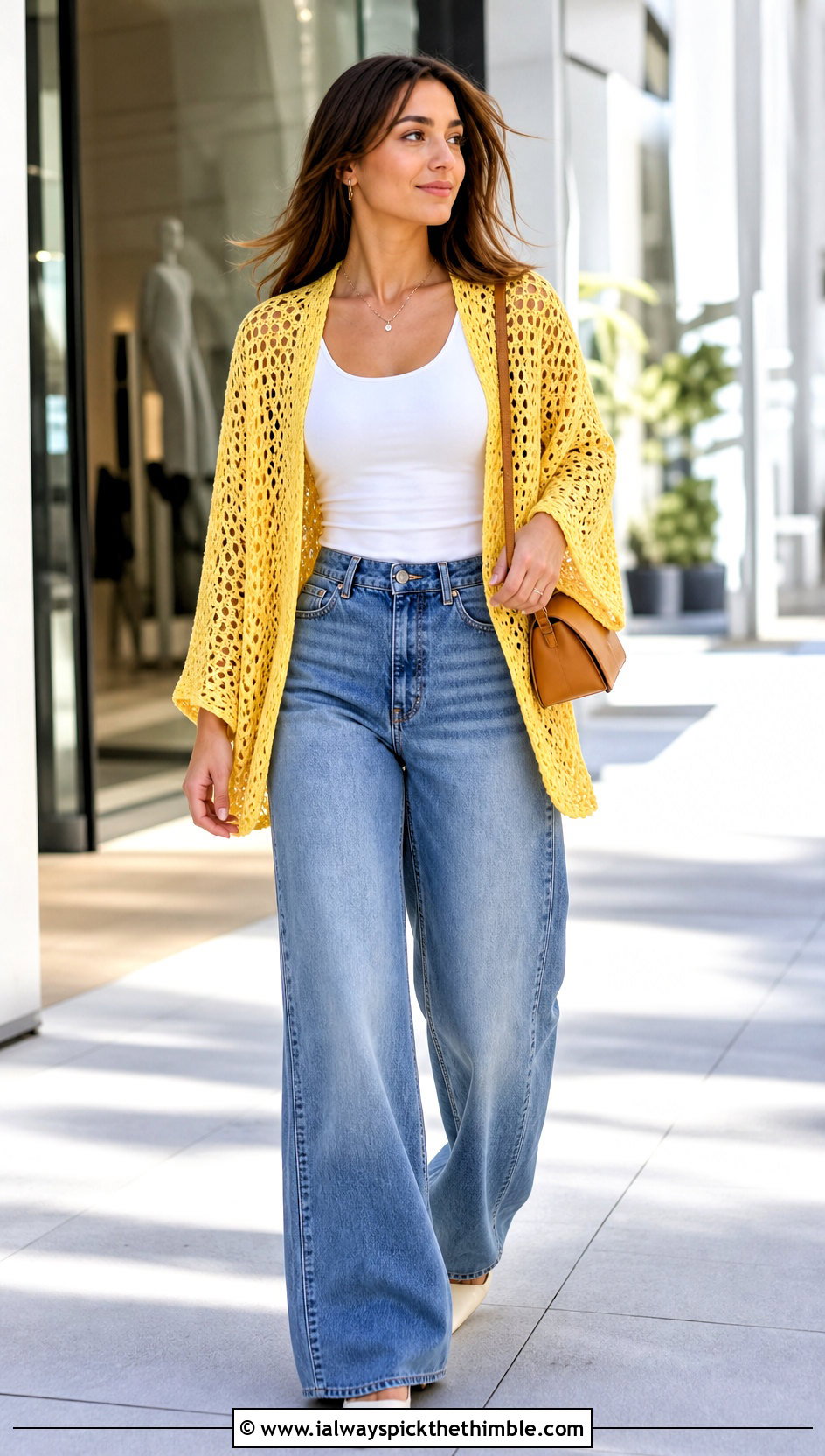 Lace Mesh Rectangle Crochet Shrug With Wide Leg Jeans - 20 Rectangle Crochet Shrug outfit ideas