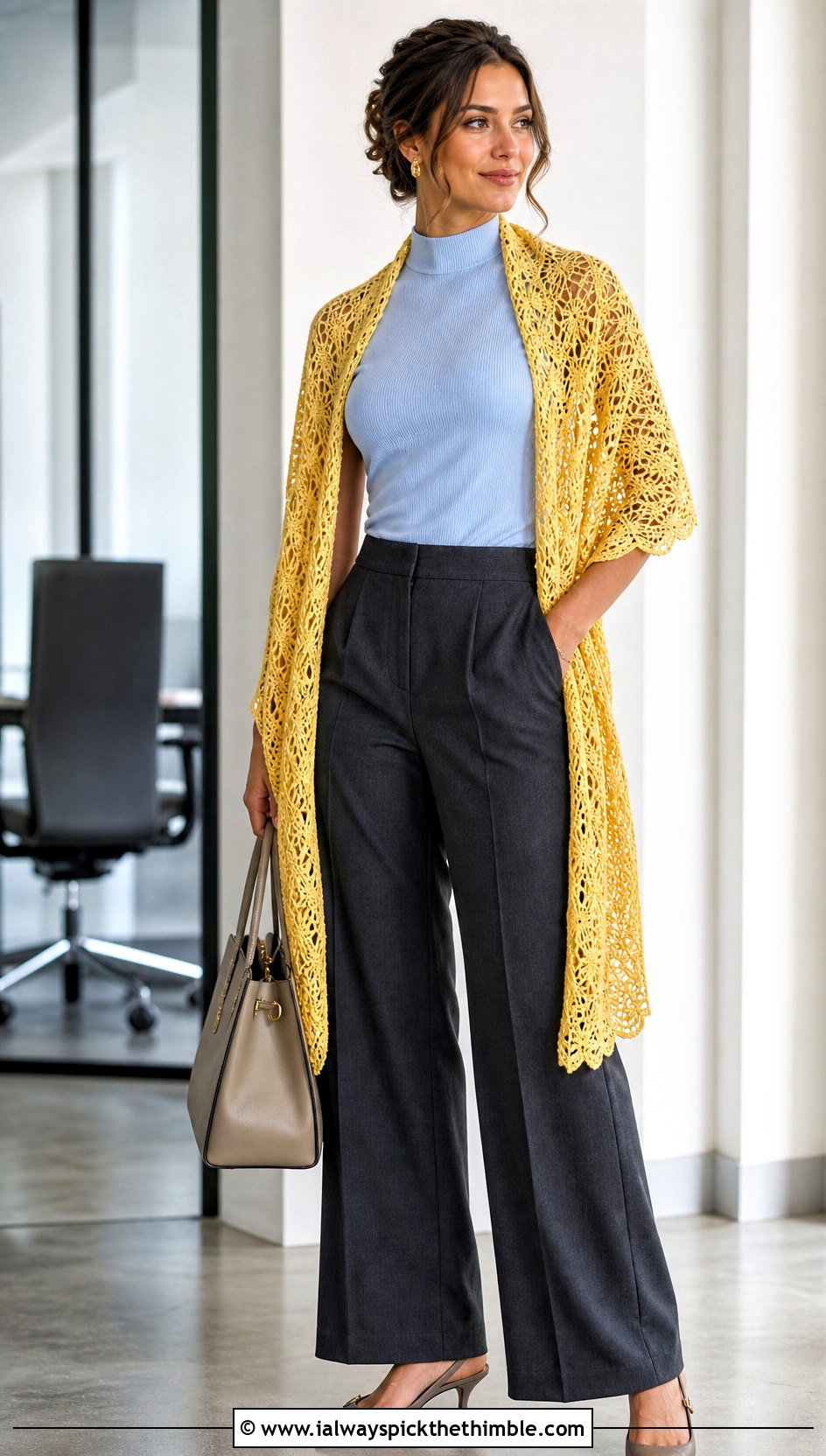 Lace Mesh Rectangular Crochet Shawl With Tailored Trousers - 20 Crochet A Shawl outfit ideas