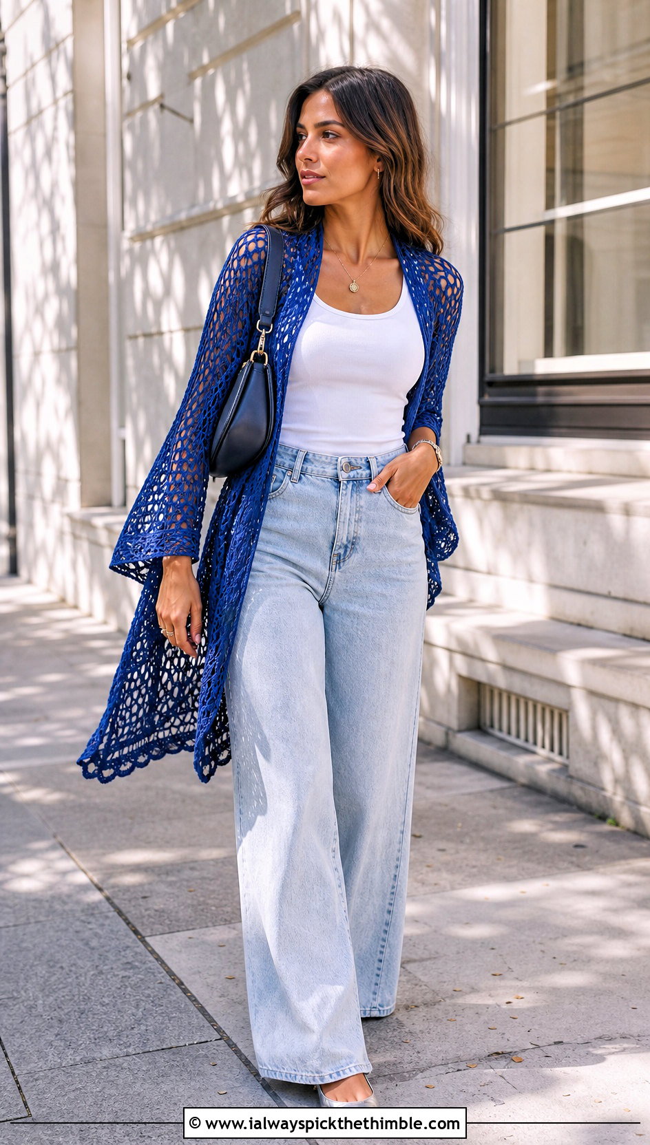 Lace Mesh Rectangular Crochet Shawl With Wide Leg Jeans - 20 rectangular crochet shawls outfit ideas