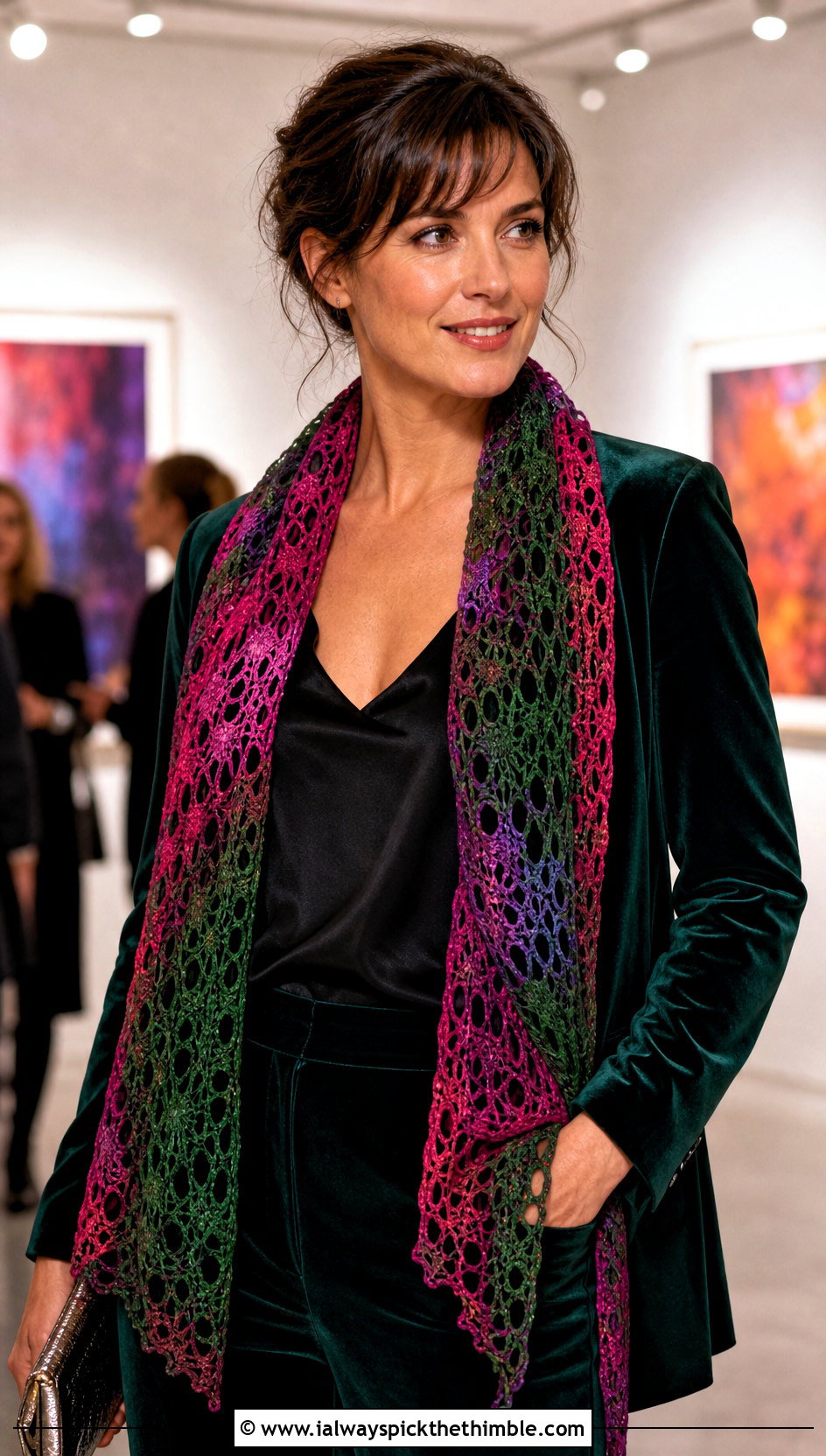 Lace Mesh Temperature Scarf With Velvet Blazer - 20 crochet temperature scarf outfit ideas
