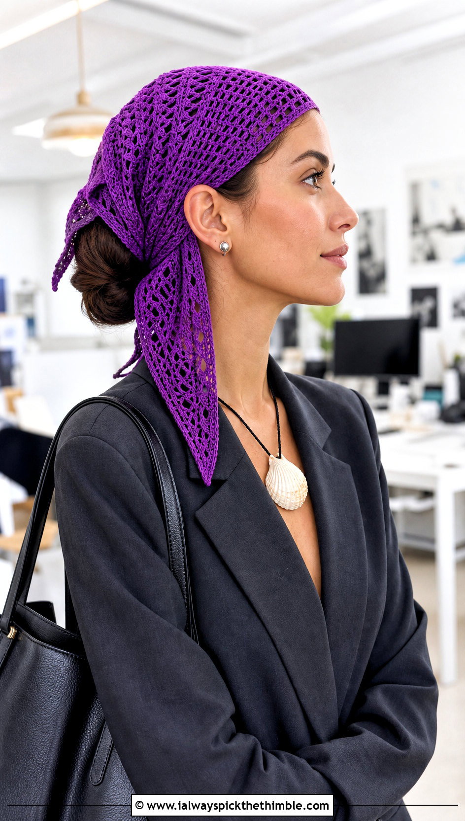 Lace Mesh Triangle Bandana With Blazer And Trousers - 20 crochet bandana hair scarf outfit ideas