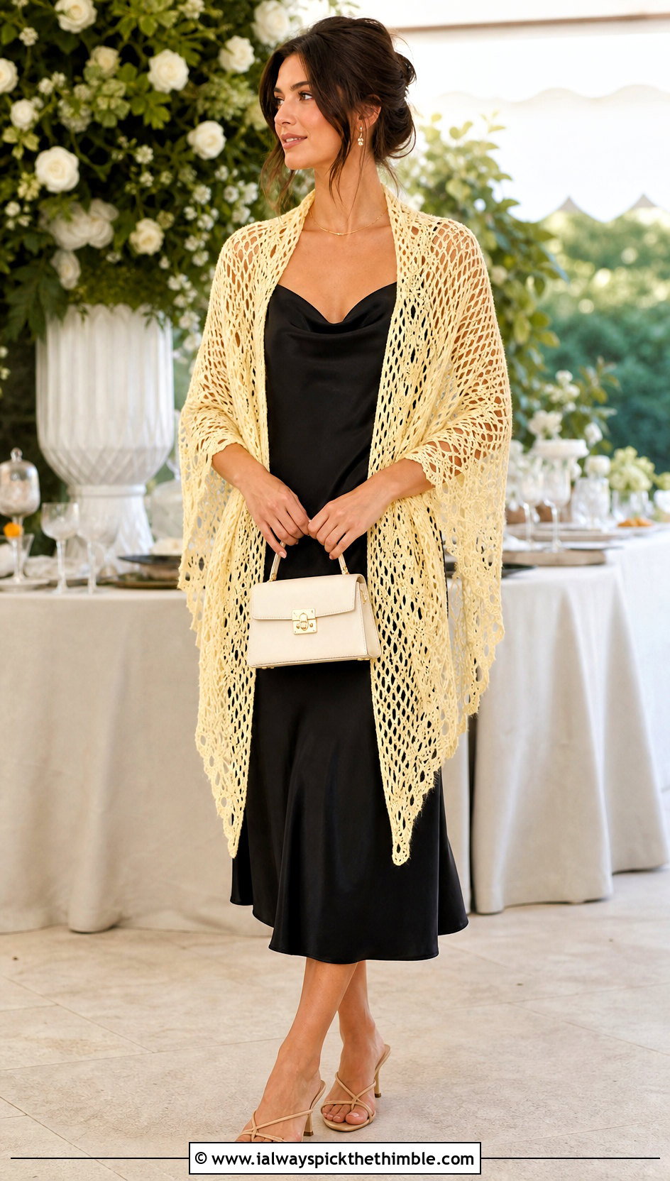 Lace Mesh Triangle Crochet Shawl With Slip Dress - 25 triangle crochet shawl outfit ideas