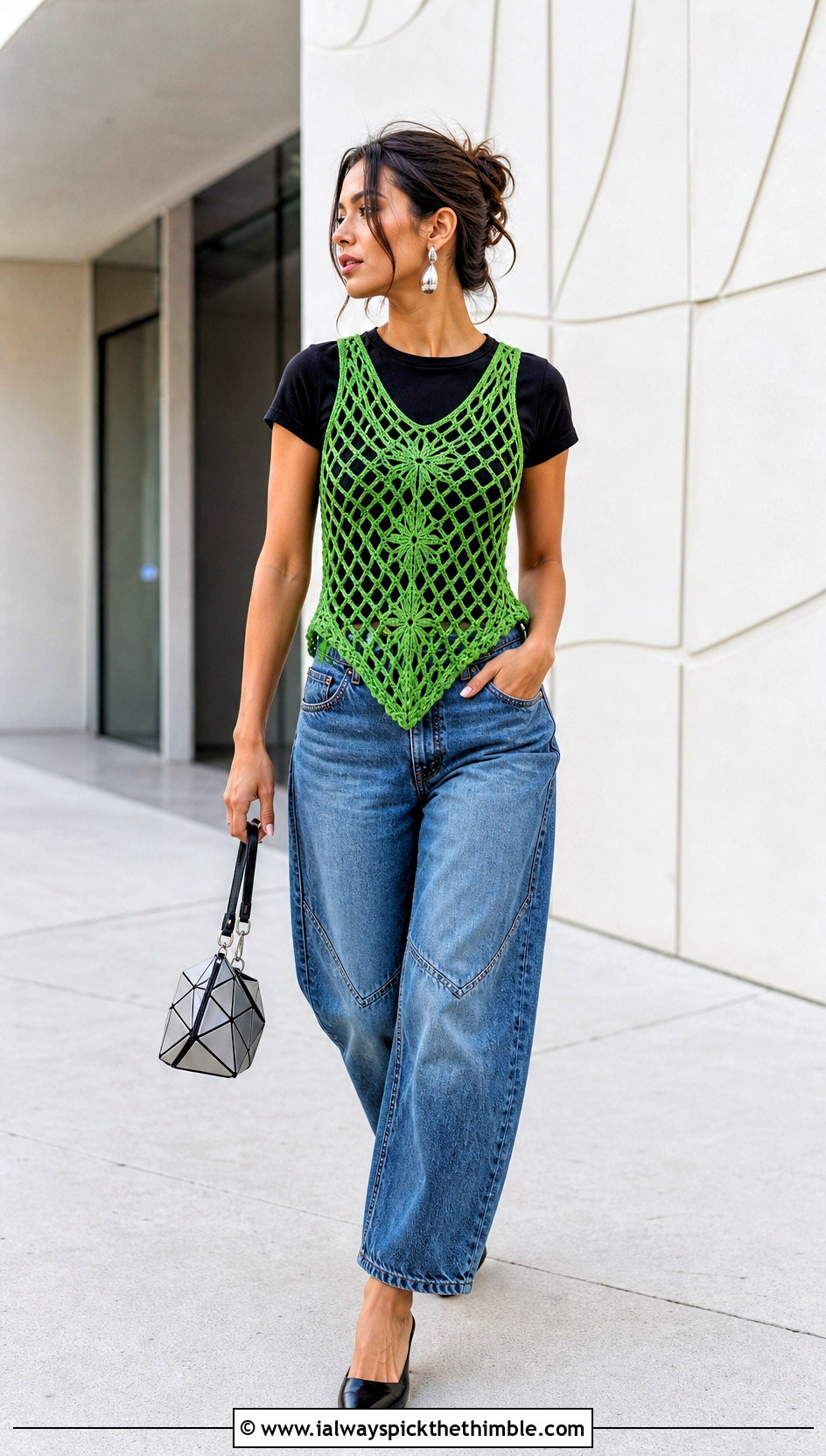 Lace Mesh Wednesday Crochet Vest With Barrel Jeans - 20 wednesday crochet vest outfit ideas