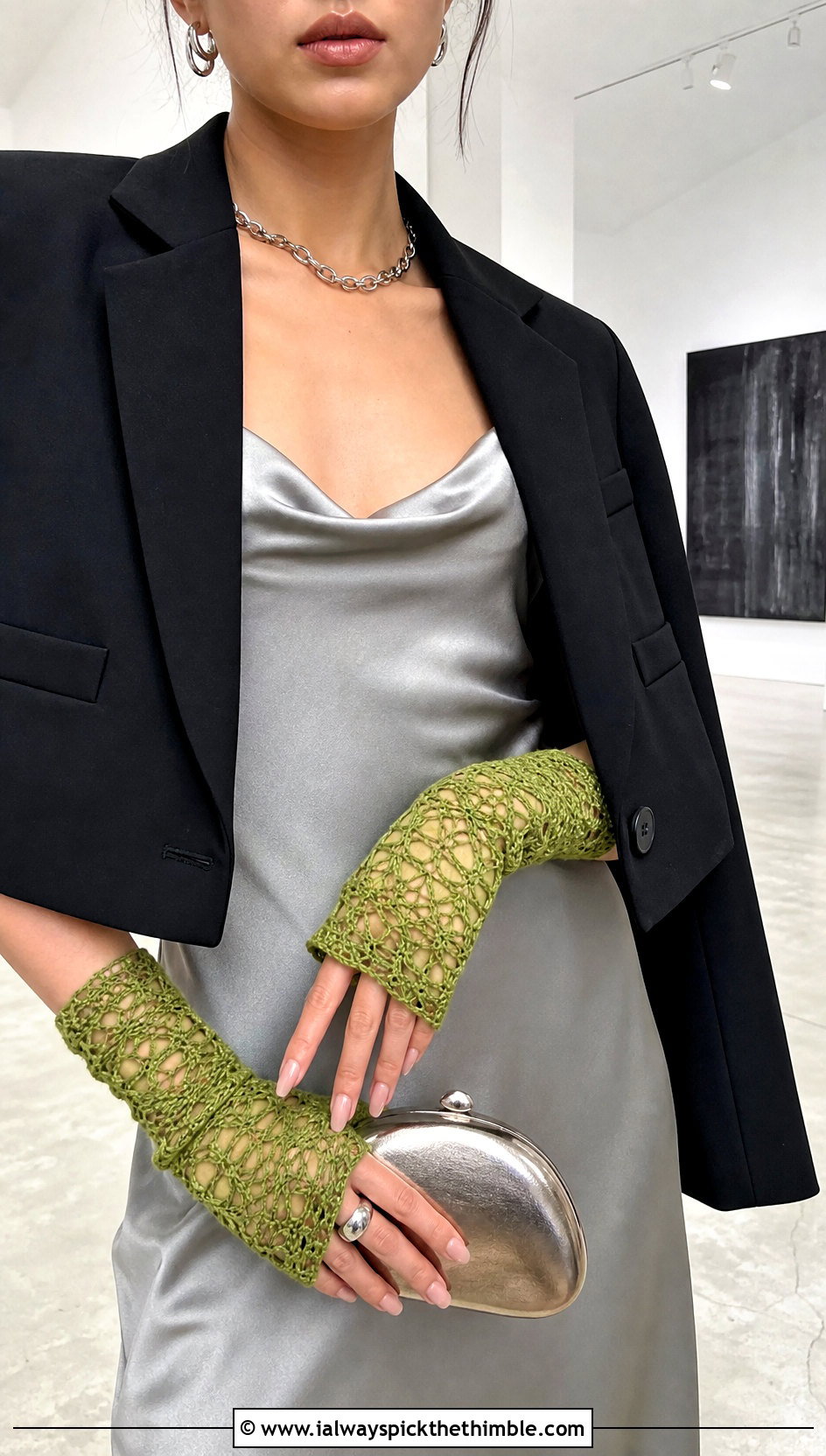 Lace Mesh Wrist Warmers With Satin Slip Dress - 25 Crochet Handwarmer outfit ideas