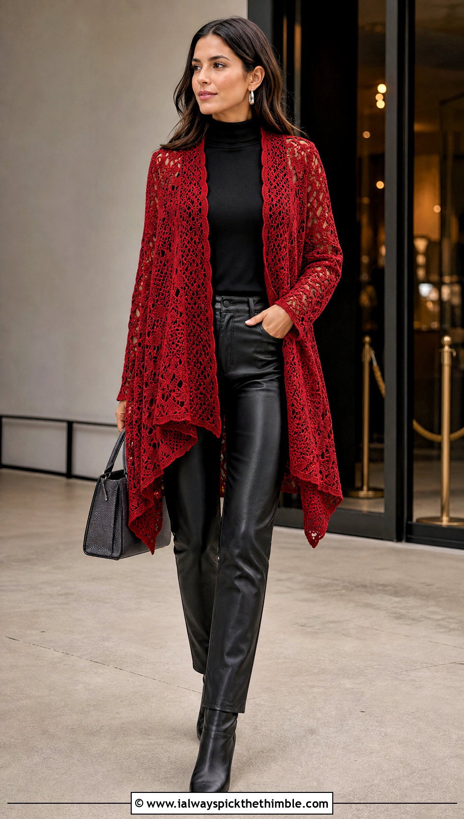 Lace Motif Crochet Drape Cardigan With Leather Pants - 15 Crochet Drape Cardigan outfit ideas