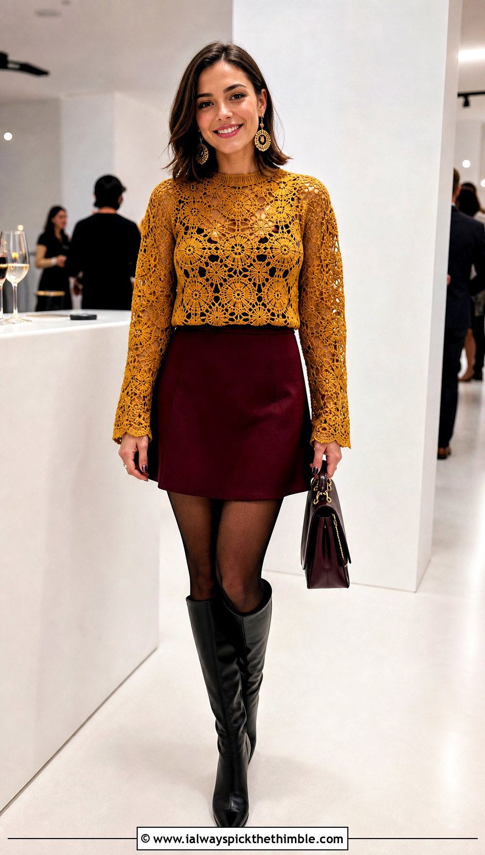Lace Motif Crochet Top With Mini Skirt And Boots - 15 crochet top with openwork outfit ideas