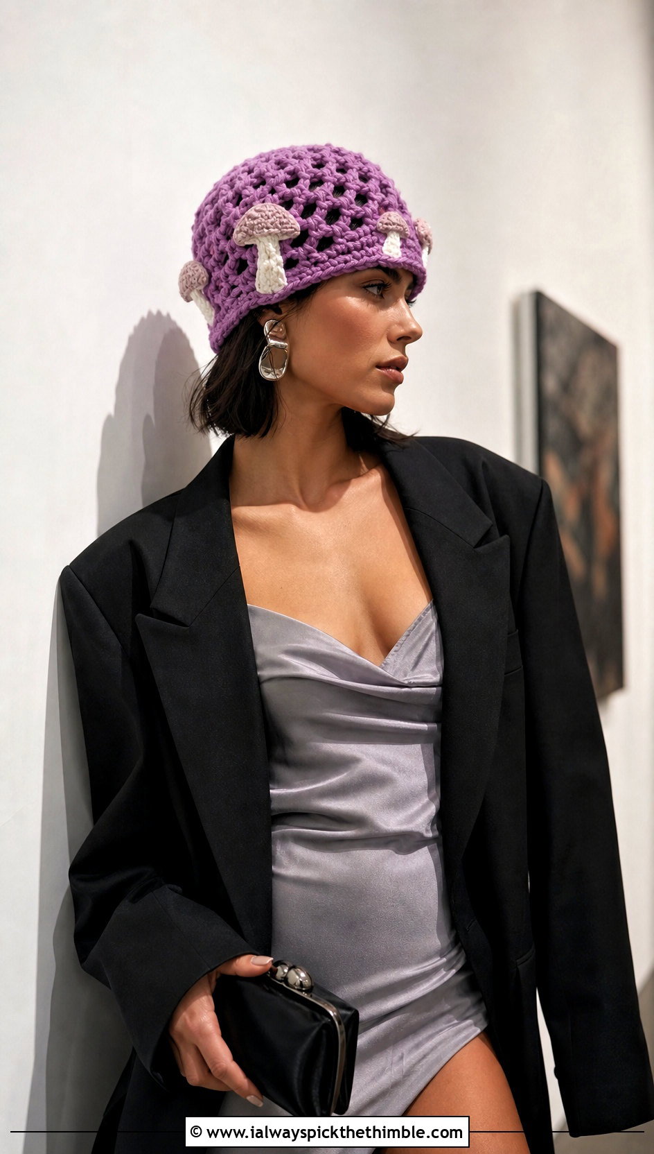 Lace Mushroom Beanie With Slip Dress And Blazer - 20 crochet mushroom beanie outfit ideas
